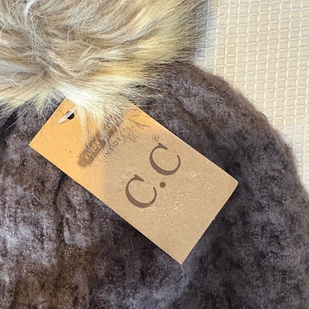 C.C Brown Knit Beanie with Faux Fur Pom - Picture 3 of 14